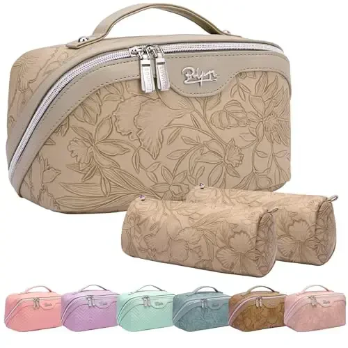 BOYATU Travel Makeup Bags Cosmetic Organizer Bag: 3-Set Large Capacity Make up Bag - PU Leather Toiletry Bags for Women - Wide Open Portable Pouch with Divider & Handle (02-Light Brown) - 1