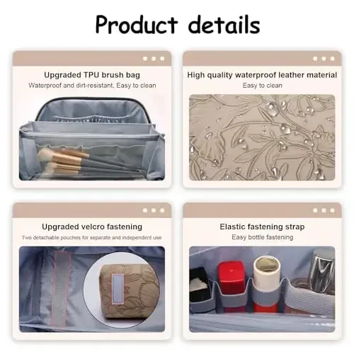 BOYATU Travel Makeup Bags Cosmetic Organizer Bag: 3-Set Large Capacity Make up Bag - PU Leather Toiletry Bags for Women - Wide Open Portable Pouch with Divider & Handle (02-Light Brown) - 3