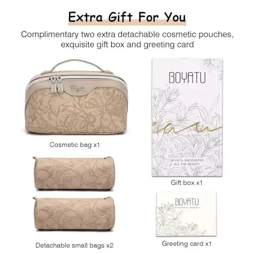 BOYATU Travel Makeup Bags Cosmetic Organizer Bag: 3-Set Large Capacity Make up Bag - PU Leather Toiletry Bags for Women - Wide Open Portable Pouch with Divider & Handle (02-Light Brown) - 6