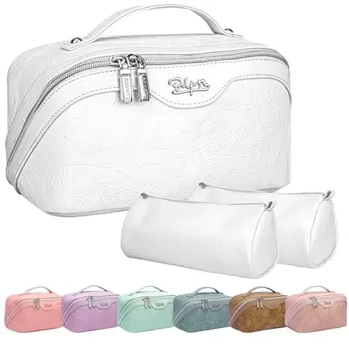 BOYATU Travel Makeup Bags Cosmetic Organizer Bag: 3-Set Large Capacity Make up Bag - PU Leather Toiletry Bags for Women - Wide Open Portable Pouch with Divider & Handle (02-White) - 1