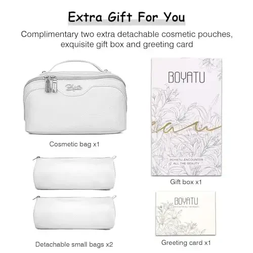 BOYATU Travel Makeup Bags Cosmetic Organizer Bag: 3-Set Large Capacity Make up Bag - PU Leather Toiletry Bags for Women - Wide Open Portable Pouch with Divider & Handle (02-White) - 6