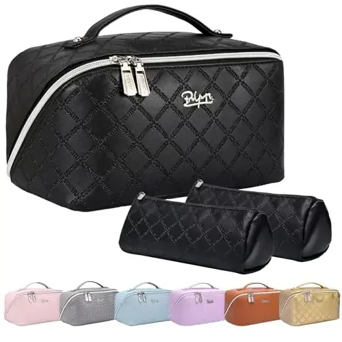 BOYATU Travel Makeup Bags Cosmetic Organizer Bag: 3-Set Large Capacity Make up Bag - PU Leather Toiletry Bags for Women - Wide Open Portable Pouch with Divider & Handle (07-Black 6) - MODAZONE