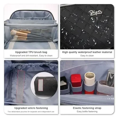 BOYATU Travel Makeup Bags Cosmetic Organizer Bag: 3-Set Large Capacity Make up Bag - PU Leather Toiletry Bags for Women - Wide Open Portable Pouch with Divider & Handle (07-Black 6) - 4