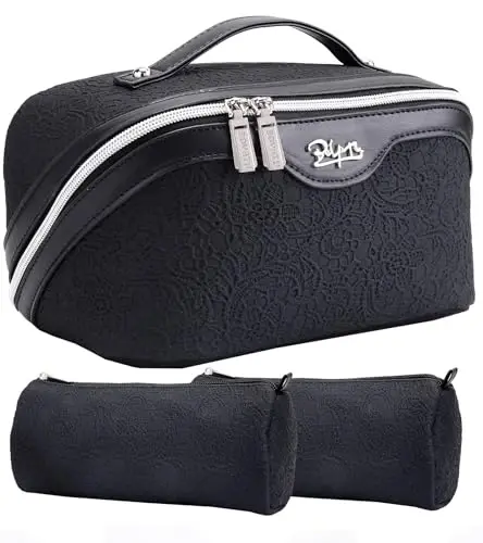 BOYATU Travel Makeup Bags Cosmetic Organizer Bag: 3-Set Large Capacity Make up Bag - PU Leather Toiletry Bags for Women - Wide Open Portable Pouch with Divider & Handle (A-Black) - 1