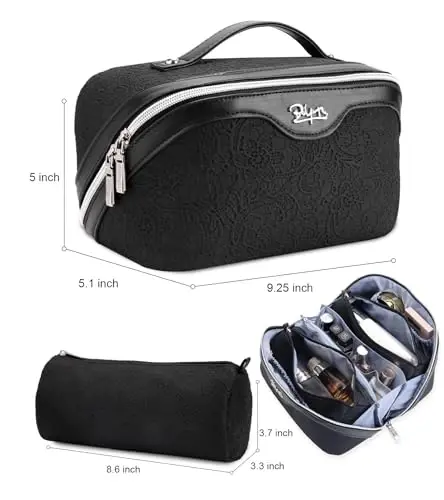 BOYATU Travel Makeup Bags Cosmetic Organizer Bag: 3-Set Large Capacity Make up Bag - PU Leather Toiletry Bags for Women - Wide Open Portable Pouch with Divider & Handle (A-Black) - 2