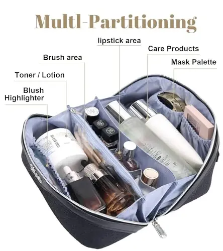 BOYATU Travel Makeup Bags Cosmetic Organizer Bag: 3-Set Large Capacity Make up Bag - PU Leather Toiletry Bags for Women - Wide Open Portable Pouch with Divider & Handle (A-Black) - 3