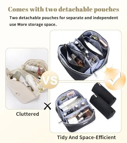 BOYATU Travel Makeup Bags Cosmetic Organizer Bag: 3-Set Large Capacity Make up Bag - PU Leather Toiletry Bags for Women - Wide Open Portable Pouch with Divider & Handle (A-Black) - 4