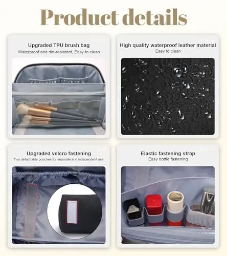 BOYATU Travel Makeup Bags Cosmetic Organizer Bag: 3-Set Large Capacity Make up Bag - PU Leather Toiletry Bags for Women - Wide Open Portable Pouch with Divider & Handle (A-Black) - 5