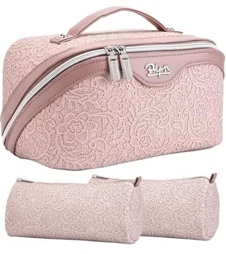 BOYATU Travel Makeup Bags Cosmetic Organizer Bag: 3-Set Large Capacity Make up Bag - PU Leather Toiletry Bags for Women - Wide Open Portable Pouch with Divider & Handle (A-Light Pink) - BOYATU