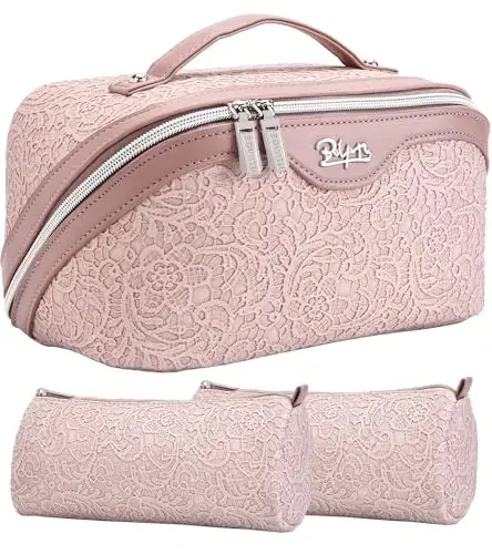 BOYATU Travel Makeup Bags Cosmetic Organizer Bag: 3-Set Large Capacity Make up Bag - PU Leather Toiletry Bags for Women - Wide Open Portable Pouch with Divider & Handle (A-Light Pink) - 1