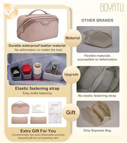 BOYATU Travel Makeup Bags Cosmetic Organizer Bag: 3-Set Large Capacity Make up Bag - PU Leather Toiletry Bags for Women - Wide Open Portable Pouch with Divider & Handle (A-Light Pink) - BOYATU (1)