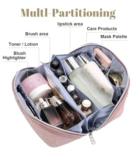BOYATU Travel Makeup Bags Cosmetic Organizer Bag: 3-Set Large Capacity Make up Bag - PU Leather Toiletry Bags for Women - Wide Open Portable Pouch with Divider & Handle (A-Light Pink) - 3