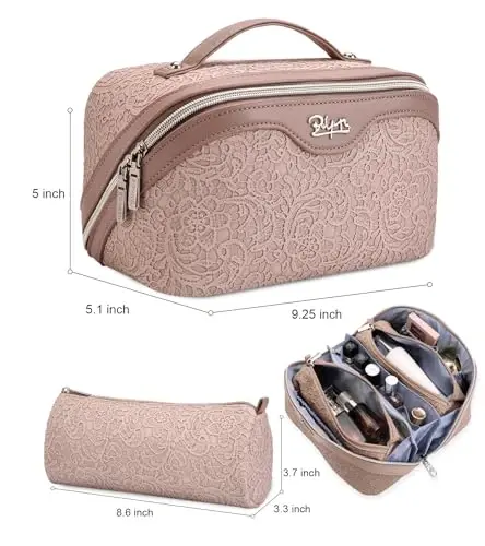 BOYATU Travel Makeup Bags Cosmetic Organizer Bag: 3-Set Large Capacity Make up Bag - PU Leather Toiletry Bags for Women - Wide Open Portable Pouch with Divider & Handle (A-Light Pink) - 4