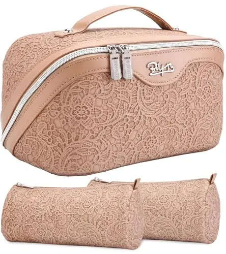 BOYATU Travel Makeup Bags Cosmetic Organizer Bag: 3-Set Large Capacity Make up Bag - PU Leather Toiletry Bags for Women - Wide Open Portable Pouch with Divider & Handle (A-Tan) - 1