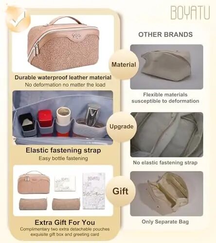 BOYATU Travel Makeup Bags Cosmetic Organizer Bag: 3-Set Large Capacity Make up Bag - PU Leather Toiletry Bags for Women - Wide Open Portable Pouch with Divider & Handle (A-Tan) - BOYATU (1)