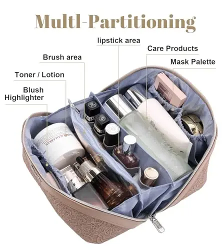BOYATU Travel Makeup Bags Cosmetic Organizer Bag: 3-Set Large Capacity Make up Bag - PU Leather Toiletry Bags for Women - Wide Open Portable Pouch with Divider & Handle (A-Tan) - 3