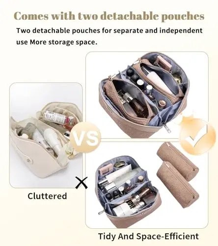 BOYATU Travel Makeup Bags Cosmetic Organizer Bag: 3-Set Large Capacity Make up Bag - PU Leather Toiletry Bags for Women - Wide Open Portable Pouch with Divider & Handle (A-Tan) - 4