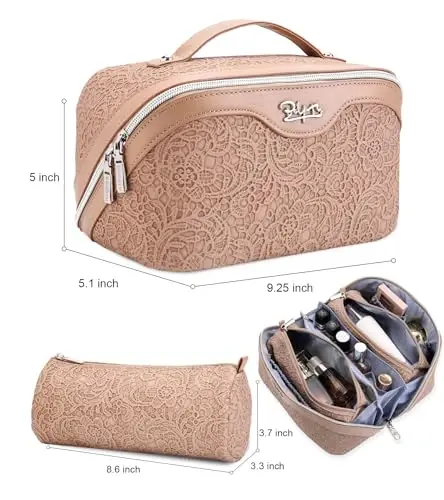 BOYATU Travel Makeup Bags Cosmetic Organizer Bag: 3-Set Large Capacity Make up Bag - PU Leather Toiletry Bags for Women - Wide Open Portable Pouch with Divider & Handle (A-Tan) - 5