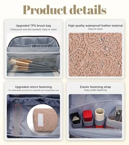 BOYATU Travel Makeup Bags Cosmetic Organizer Bag: 3-Set Large Capacity Make up Bag - PU Leather Toiletry Bags for Women - Wide Open Portable Pouch with Divider & Handle (A-Tan) - 6