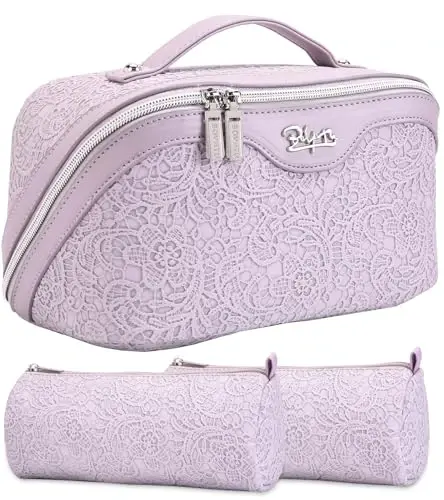BOYATU Travel Makeup Bags Cosmetic Organizer Bag: 3-Set Large Capacity Make up Bag - PU Leather Toiletry Bags for Women - Wide Open Portable Pouch with Divider & Handle (A-Violet) - 1