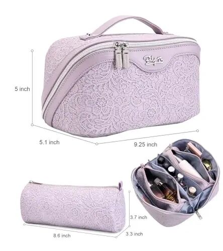 BOYATU Travel Makeup Bags Cosmetic Organizer Bag: 3-Set Large Capacity Make up Bag - PU Leather Toiletry Bags for Women - Wide Open Portable Pouch with Divider & Handle (A-Violet) - 2