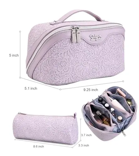 BOYATU Travel Makeup Bags Cosmetic Organizer Bag: 3-Set Large Capacity Make up Bag - PU Leather Toiletry Bags for Women - Wide Open Portable Pouch with Divider & Handle (A-Violet) - 2