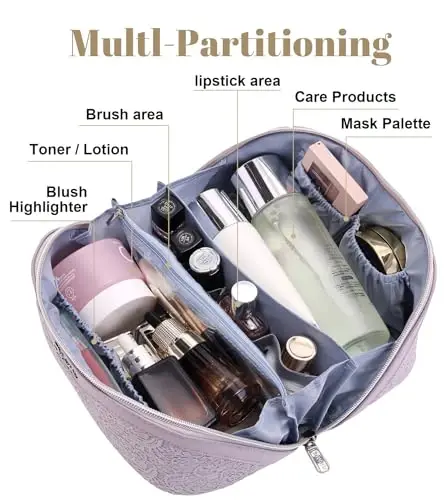 BOYATU Travel Makeup Bags Cosmetic Organizer Bag: 3-Set Large Capacity Make up Bag - PU Leather Toiletry Bags for Women - Wide Open Portable Pouch with Divider & Handle (A-Violet) - 3