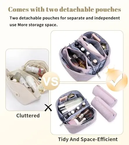 BOYATU Travel Makeup Bags Cosmetic Organizer Bag: 3-Set Large Capacity Make up Bag - PU Leather Toiletry Bags for Women - Wide Open Portable Pouch with Divider & Handle (A-Violet) - 5
