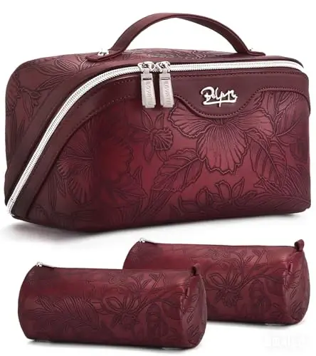 BOYATU Travel Makeup Bags Cosmetic Organizer Bag: 3-Set Make up Bag | Large Capacity PU Leather Toiletry Bags for Women - Wide Open Portable Pouch with Divider & Handle(02-Dark Red) - 1