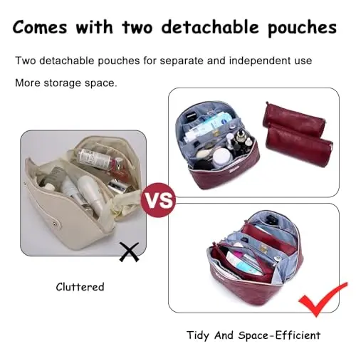BOYATU Travel Makeup Bags Cosmetic Organizer Bag: 3-Set Make up Bag | Large Capacity PU Leather Toiletry Bags for Women - Wide Open Portable Pouch with Divider & Handle(02-Dark Red) - 2