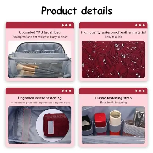 BOYATU Travel Makeup Bags Cosmetic Organizer Bag: 3-Set Make up Bag | Large Capacity PU Leather Toiletry Bags for Women - Wide Open Portable Pouch with Divider & Handle(02-Dark Red) - 4