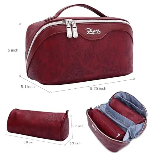 BOYATU Travel Makeup Bags Cosmetic Organizer Bag: 3-Set Make up Bag | Large Capacity PU Leather Toiletry Bags for Women - Wide Open Portable Pouch with Divider & Handle(02-Dark Red) - 6