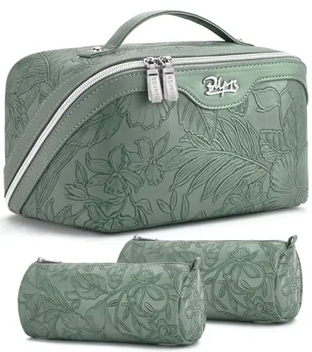 BOYATU Travel Makeup Bags Cosmetic Organizer Bag: 3-Set Make up Bag | Large Capacity PU Leather Toiletry Bags for Women - Wide Open Portable Pouch with Divider & Handle(03-Green-2) - 1