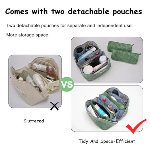BOYATU Travel Makeup Bags Cosmetic Organizer Bag: 3-Set Make up Bag | Large Capacity PU Leather Toiletry Bags for Women - Wide Open Portable Pouch with Divider & Handle(03-Green-2) - BOYATU (1)