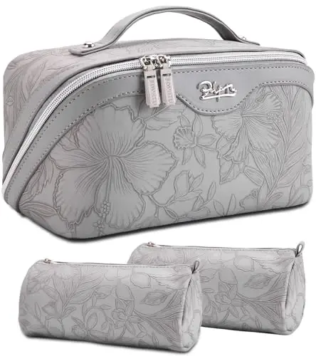 BOYATU Travel Makeup Bags Cosmetic Organizer Bag: 3-Set Make up Bag | Large Capacity PU Leather Toiletry Bags for Women - Wide Open Portable Pouch with Divider & Handle(16-Grey-2) - 1