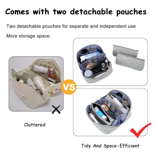 BOYATU Travel Makeup Bags Cosmetic Organizer Bag: 3-Set Make up Bag | Large Capacity PU Leather Toiletry Bags for Women - Wide Open Portable Pouch with Divider & Handle(16-Grey-2) - 3