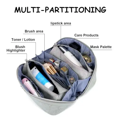 BOYATU Travel Makeup Bags Cosmetic Organizer Bag: 3-Set Make up Bag | Large Capacity PU Leather Toiletry Bags for Women - Wide Open Portable Pouch with Divider & Handle(16-Grey-2) - 4