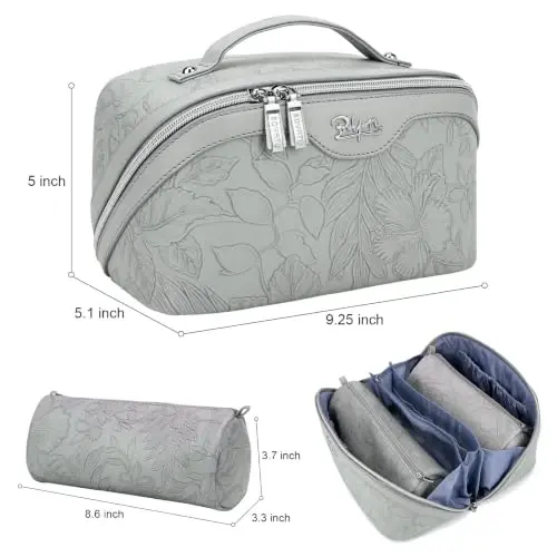 BOYATU Travel Makeup Bags Cosmetic Organizer Bag: 3-Set Make up Bag | Large Capacity PU Leather Toiletry Bags for Women - Wide Open Portable Pouch with Divider & Handle(16-Grey-2) - 5