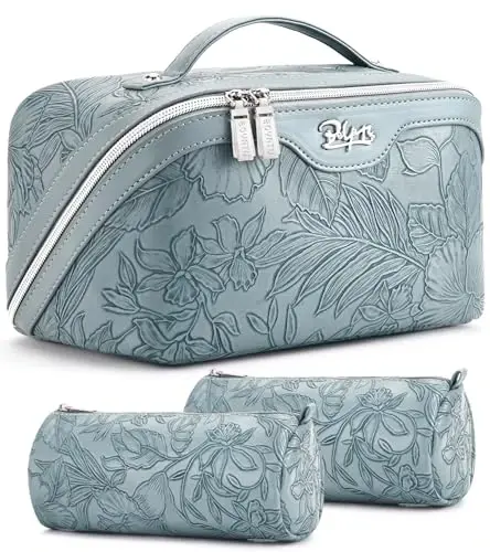 BOYATU Travel Makeup Bags Cosmetic Organizer Bag: Floral Make up Bag | 3 Pcs Set Large Capacity Makeup Bag with Compartments - Waterproof Leather Toiletry Bags with Handle for Women (Blue) - 1