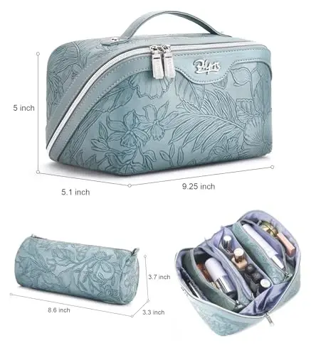 BOYATU Travel Makeup Bags Cosmetic Organizer Bag: Floral Make up Bag | 3 Pcs Set Large Capacity Makeup Bag with Compartments - Waterproof Leather Toiletry Bags with Handle for Women (Blue) - BOYATU (1)