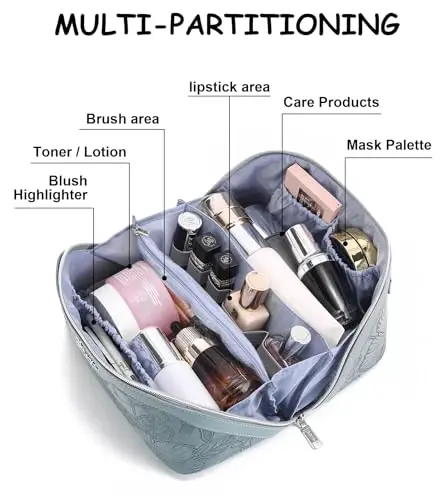 BOYATU Travel Makeup Bags Cosmetic Organizer Bag: Floral Make up Bag | 3 Pcs Set Large Capacity Makeup Bag with Compartments - Waterproof Leather Toiletry Bags with Handle for Women (Blue) - 3