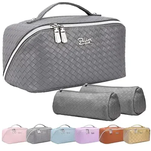 BOYATU Travel Makeup Bags for Women: 3 Piece Make up Bags Set - Large Cosmetic Bag - Vegan Leather Makeup Organizer - Portable Toiltery Bag with Divider & Handle (L05 Grey) - 1