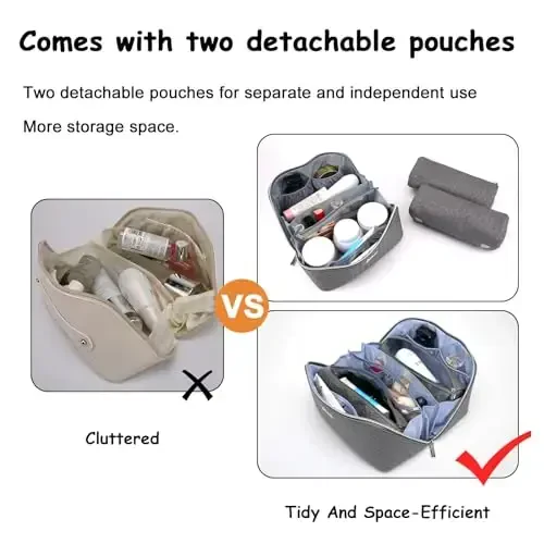 BOYATU Travel Makeup Bags for Women: 3 Piece Make up Bags Set - Large Cosmetic Bag - Vegan Leather Makeup Organizer - Portable Toiltery Bag with Divider & Handle (L05 Grey) - 5