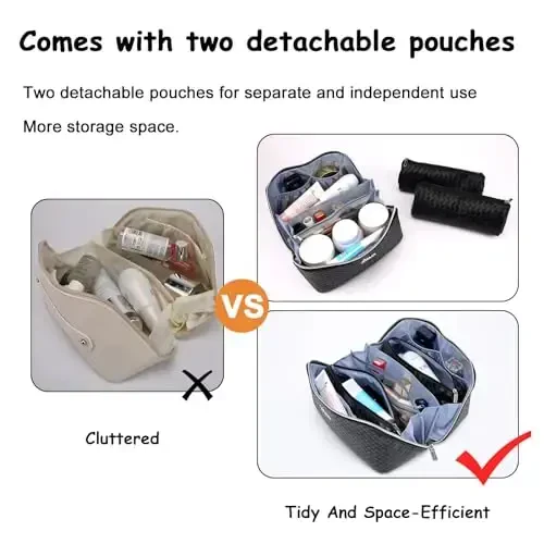 BOYATU Travel Makeup Bags for Women: Large Cosmetic Bag - PU Leather Make up Bag Set of 3 - Compact Toiletry Organizer with Compartments (L03 Black) - 5