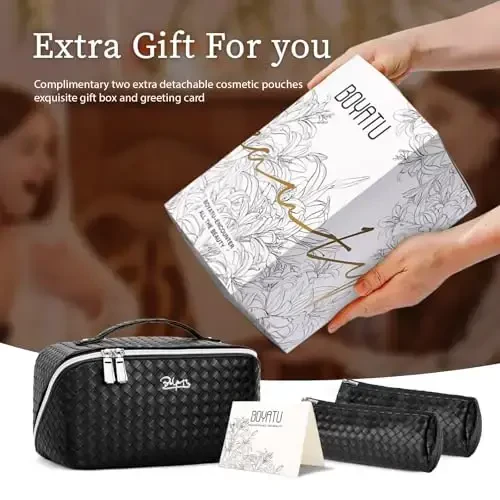 BOYATU Travel Makeup Bags for Women: Large Cosmetic Bag - PU Leather Make up Bag Set of 3 - Compact Toiletry Organizer with Compartments (L03 Black) - 6