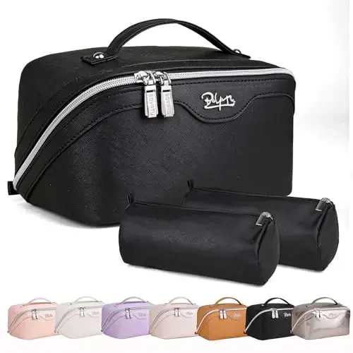 BOYATU Travel Makeup Bags for Women: Vegan Leather Cosmetic Bag Set of 3 - Large Capacity Make up Bag with Divider - Wide Open Waterproof Toiletry Organizer Bag with Handle (05-Black) - MODAZONE