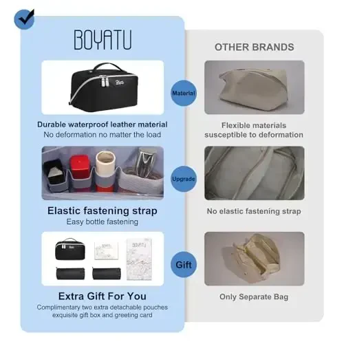 BOYATU Travel Makeup Bags for Women: Vegan Leather Cosmetic Bag Set of 3 - Large Capacity Make up Bag with Divider - Wide Open Waterproof Toiletry Organizer Bag with Handle (05-Black) - MODAZONE (1)