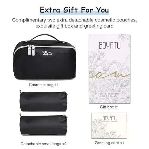 BOYATU Travel Makeup Bags for Women: Vegan Leather Cosmetic Bag Set of 3 - Large Capacity Make up Bag with Divider - Wide Open Waterproof Toiletry Organizer Bag with Handle (05-Black) - 6