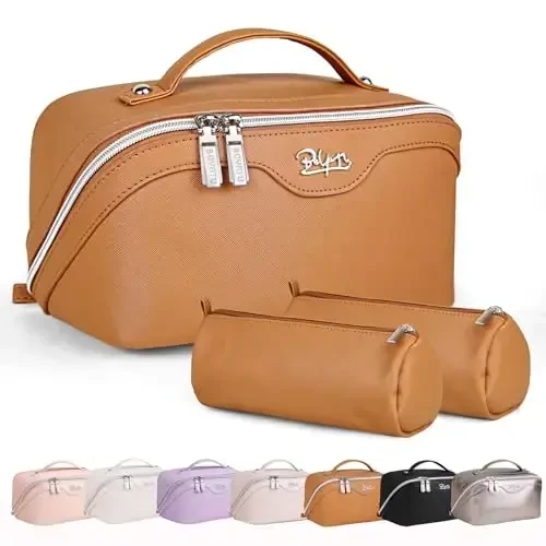 BOYATU Travel Makeup Bags for Women: Vegan Leather Cosmetic Bag Set of 3 - Large Capacity Make up Bag with Divider - Wide Open Waterproof Toiletry Organizer Bag with Handle (05-Brown) - 1