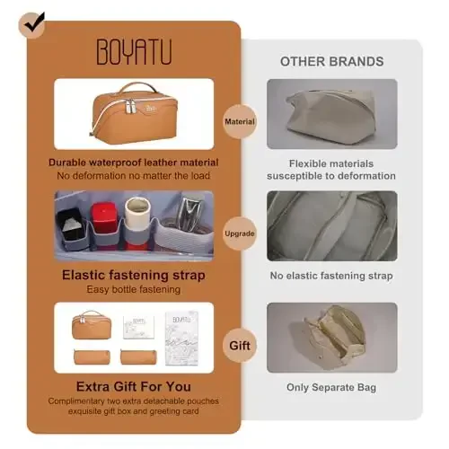 BOYATU Travel Makeup Bags for Women: Vegan Leather Cosmetic Bag Set of 3 - Large Capacity Make up Bag with Divider - Wide Open Waterproof Toiletry Organizer Bag with Handle (05-Brown) - 2